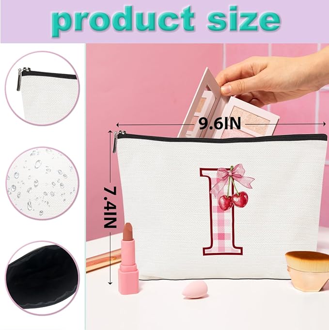 Initial Makeup Bag Monogram Cosmetic Bag Monogrammed Gifts for Women Girls Friends Coworker Wife Personalized Travel Toiletry Bag Christmas Bridal Shower Wedding Bridesmaid Gifts, Cherry I