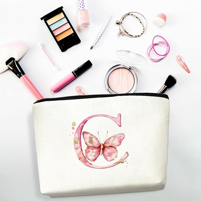 Initial Makeup Bag Pink Butterfly C Personalized Cosmetic Bag Monogrammed Gifts for Women Girls Bride Sisters Monogram Zipper Pouch for Friendship Mothers Day Birthday Wedding Bridal Shower Gifts