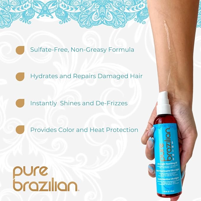 Pure Brazilian Shine Ultra Light Nourishing Oil with Brazilian Nut Oil for Smooth, Glossy & Frizz-Free Hair, Deep Hydration & Brilliant Shine, 4 Fl Oz