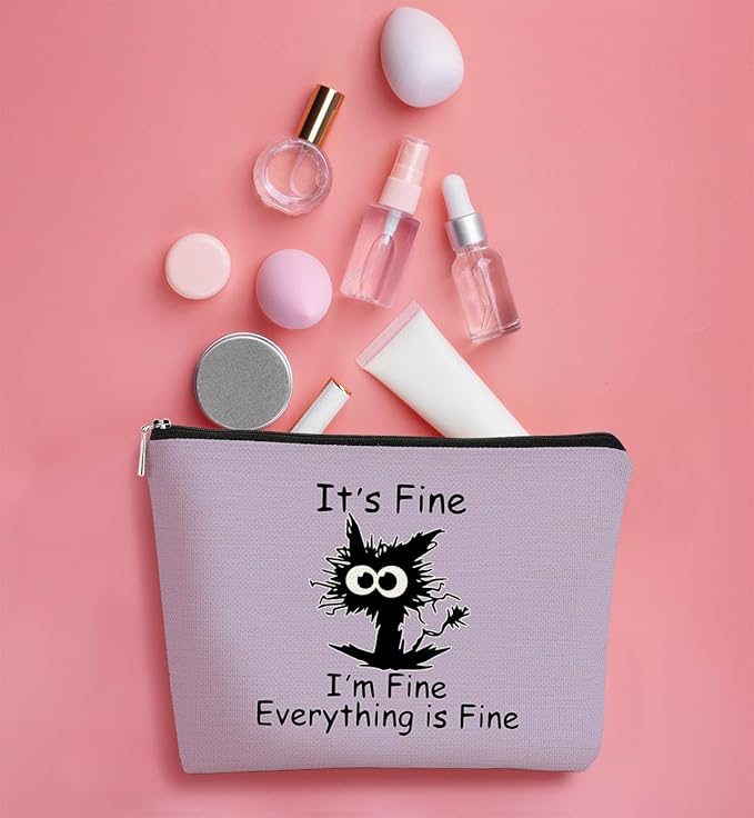 Funny Cute Cat Makeup Bag,Cat Lover Gifts For Women,Its Fine Im Fine Everythings Fine,Black Cat Cosmetic Bag Small Pouch,Birthday Gift,Coworker Gifts(Purple)