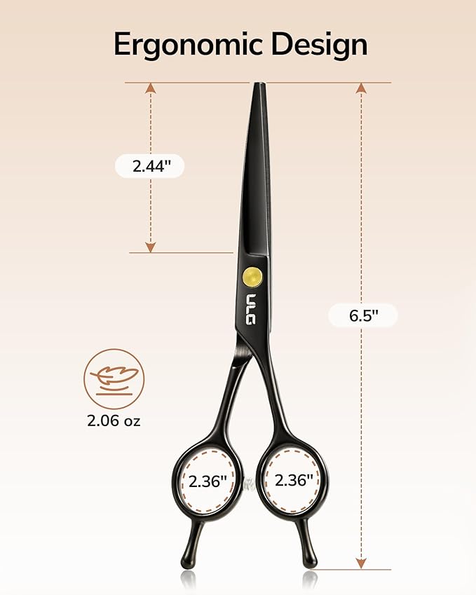 ULG Professional Hair Cutting Scissors 6.5 Inch – Sharp Barber Shears, Stainless Steel Symmetrical Salon Haircut Scissors for Women, Men, Kids, Gloss Paint Finish, Black