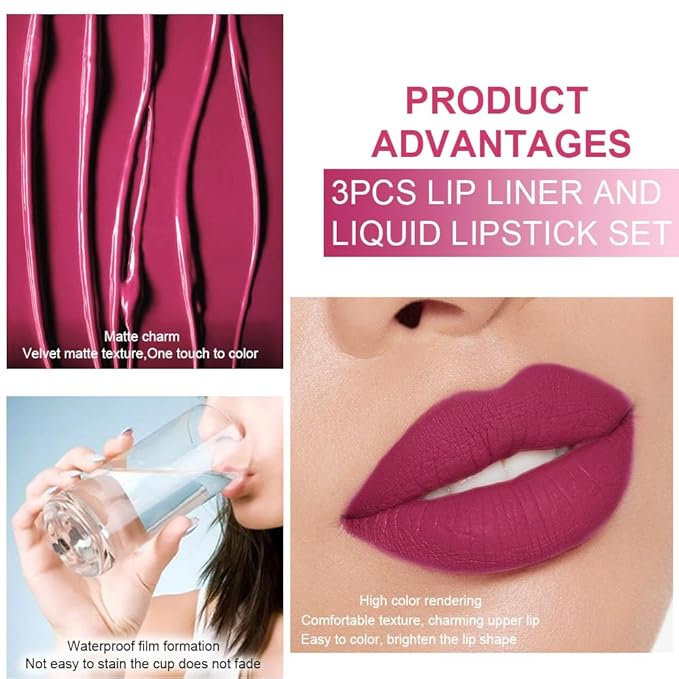 3Pcs 2 in 1 Rose Red Plum Warm Pink Deep Cranberry Lip Liner and Liquid Lipstick Stain Makeup Set for women, Long Lasting Smudge Proof Lip Tint Matte Finish Lip Gloss for All-Day Color Hold , Set14