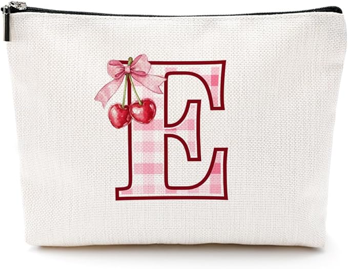 Initial Makeup Bag Monogram Cosmetic Bag Monogrammed Gifts for Women Girls Friends Coworker Niece Personalized Travel Toiletry Bag Christmas Bridal Shower Wedding Bridesmaid Gifts, Cherry E