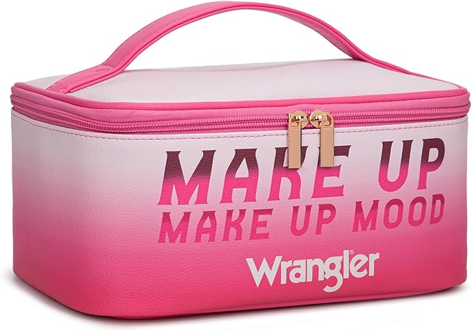 Montana West X Wrangler Travel Makeup Bag 2pcs Set Large Cosmetic Bag with Makeup Brush Holder Portable Make Up Organizer Cute Toiletry Bag with Divider and Handle for Women Gradient