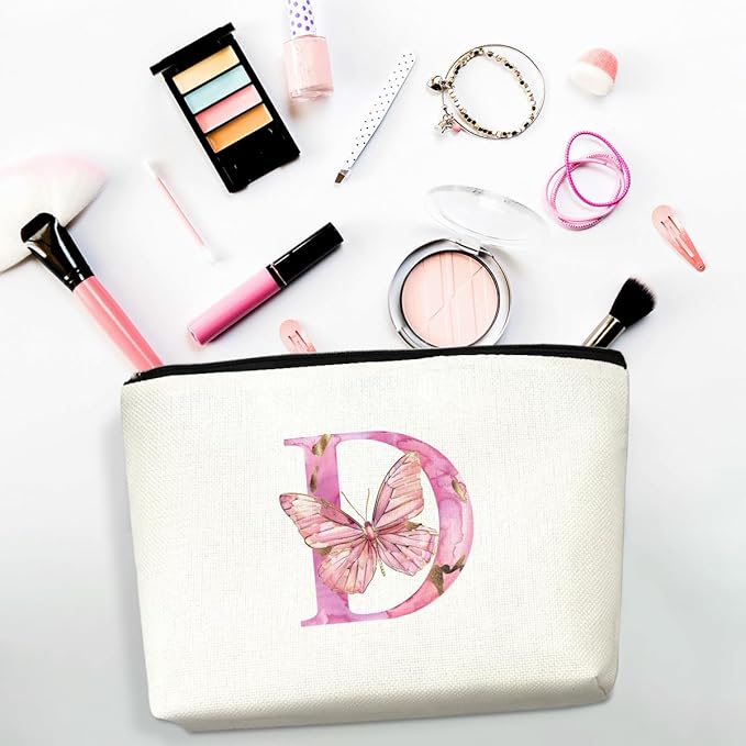 Initial Makeup Bag Pink Butterfly D Personalized Cosmetic Bag Monogrammed Gifts for Women Girls Bride Grandma Monogram Zipper Pouch for Friendship Mothers Day Birthday Wedding Bridal Shower Gifts