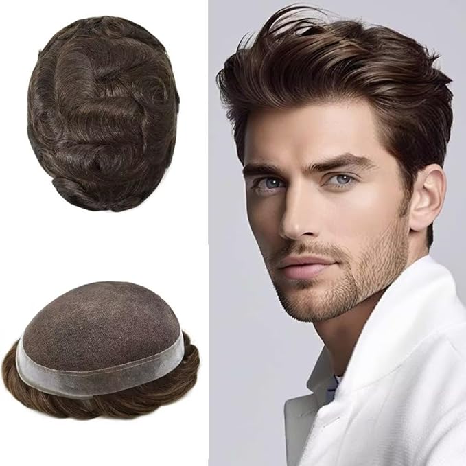 FACE MIRACLE Mens Toupee Lace Front Hairpieces Soft Human Hair Replacement System Natural Hairline Toupee for Men French Lace Poly V-Looped Mens hair Units 6"X9" #4ASH