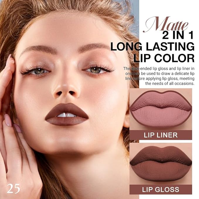 1Pcs 2 in 1 Nude Brown Matte Lip Liner and Liquid Lipstick Stain Makeup Set for women, Brown Long Lasting Smudge Proof Lip Tint Matte Finish Lip Gloss for All-Day Color Hold Easy to Use 25#