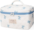 Large Makeup Bag, Cute Cosmetic Bag for Women Girls, Floral Coquette Aesthetic Toiletry Bag, Travel Make Up Organizer Bag (White Blue Butterfly Flower)