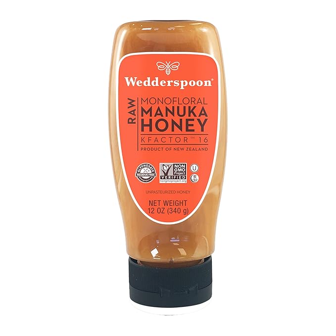 Wedderspoon Raw Manuka Honey, Unpasteurized, Genuine New Zealand Honey, Multi-Functional, Non-GMO Superfood, Convenient Squeeze Bottle, KFactor 16, 12 Ounce