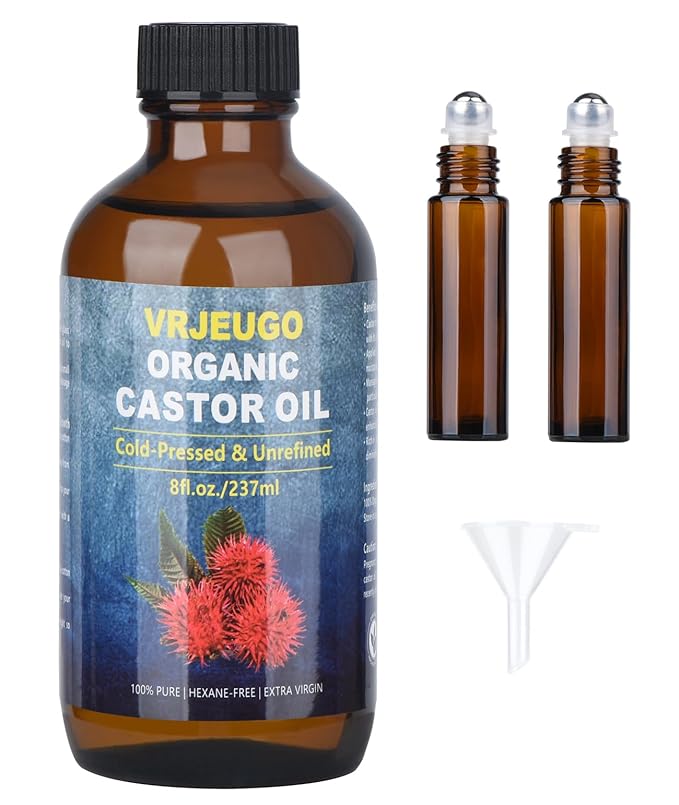 Organic Castor Oil for Face Roll On，Rollerball Deep Hydration for Skin Care and Hair, Castor Oil Organic Cold Pressed Unrefined Glass Bottle 8oz with 2 Roller