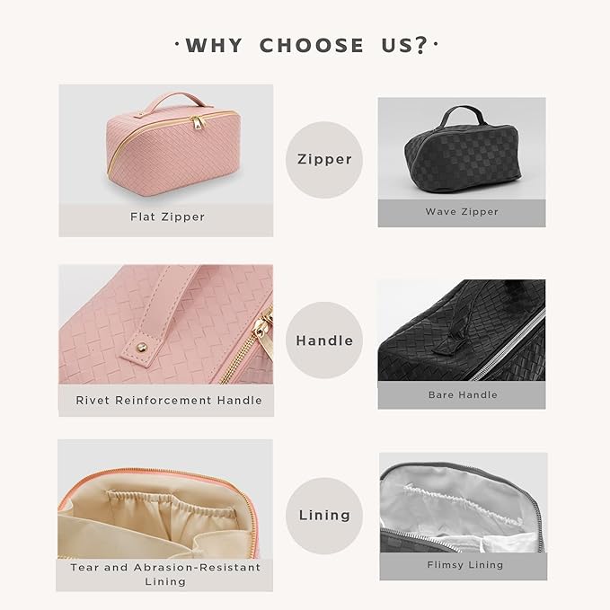 Travel Makeup Bag – Large Cosmetic Organizer with Waterproof PU Leather, Smooth Double Zipper & Tear-Resistant Lining, Toiletry Pouch for Women (Pink)