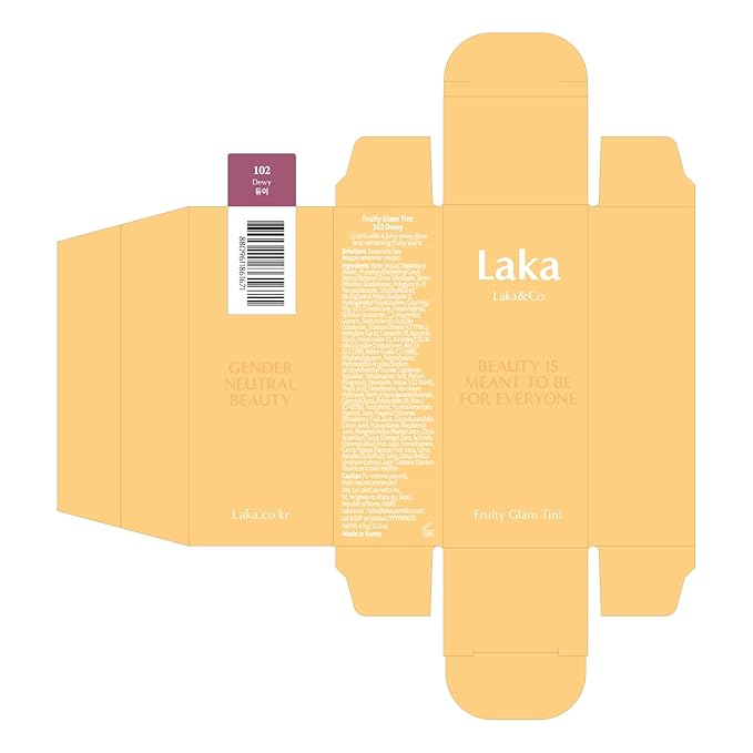 Laka Fruity Glam Tint, Glowing Lip Stain with Wide Color Spectrum, Hydrating & Lightweight Texture, Long-Lasting Bold Stain, Non-Sticky, Vegan, K-Beauty (#102 Dewy, 4.5g/0.15oz)