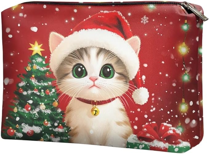COEQINE Travel Makeup Bags for Women Leather Cute Cat Travel Cosmetic Bag Toiletry bag for Womens Birthday Christmas Gifts Waterproof Pen Pencil Pouch Wallet Clutch Handbag for Holiday
