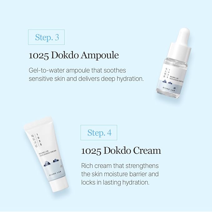 ROUND LAB 1025 Dokdo Hydrating Mini Size Kit (Cleanser, Toner, Ampule, Cream) | Deep Hydration for Dry Skin | Gentle, Lightweight Routine for Daily Moisture & Soothing Care