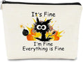 Funny Cat Makeup Bag,Its Fine Im Fine Everythings Fine,Black Cat Cosmetic Bag,Fire Keep Calm Cute Small Pouch,Birthday Gift,Coworker Gifts