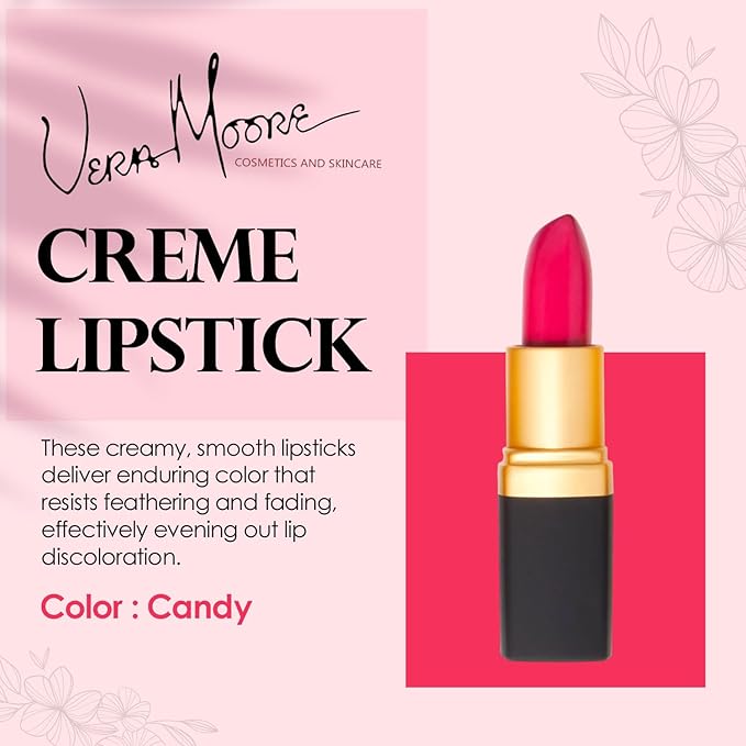 Vera Moore Creme Lipstick, Long Lasting, Lightweight, Moisturizing Opaque Color with Staying Power, Fragrance, and Paraben Free Cosmetics Soft Lipstick (Candy)