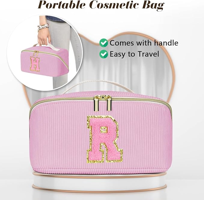 Personalized Initial Makeup Bag,Christmas Gifts for Girl,Preppy Bag Cosmetic Travel Bag Women,Travel Toiletry Organizer,Large Capacity Corduroy Stuff Bag,Cute Cosmetic Pouch Skincare Bag-T