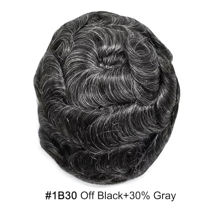 Mens Toupee Human Hair Piece French Lace Toupee for Man Hair System Indian Human Hair Replacement Systems V-Looped PU Front Hairpieces 6"X8" #1B30 1B# OFF BLACK WITH 30% SYNTHETIC GREY