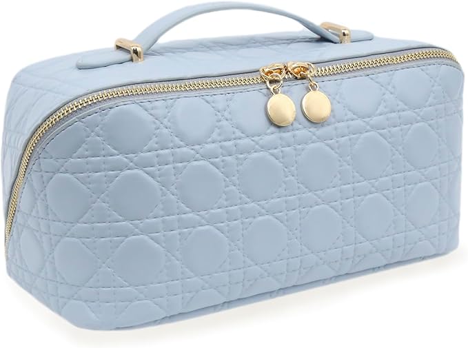Travel Makeup Bag – Large Cosmetic Organizer with Waterproof PU Leather, Smooth Double Zipper & Tear-Resistant Lining, Toiletry Pouch for Women (Ice)