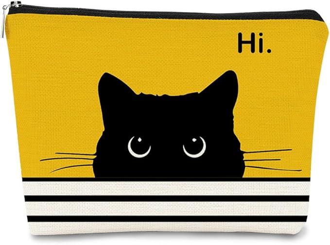 Cat Makeup Bag - Small Cute Cosmetic Bag for Women & Teen Girls - Birthday & Cat Lady Gifts (Black, Yellow)