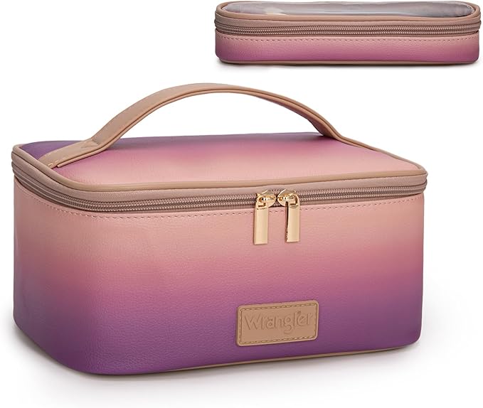 Montana West X Wrangler Travel Makeup Bag 2pcs Set Large Cosmetic Bag with Makeup Brush Holder Portable Make Up Organizer Cute Toiletry Bag with Divider and Handle for Women Gradient