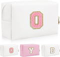 Personalized Initial Letter Patch Makeup Bag, Preppy Portable Chenille Letter Cosmetic Bag with Zipper, PU Leather Waterproof Travel Toiletry Bag Monogram Make Up Pouch for Women Girls(Letter O)