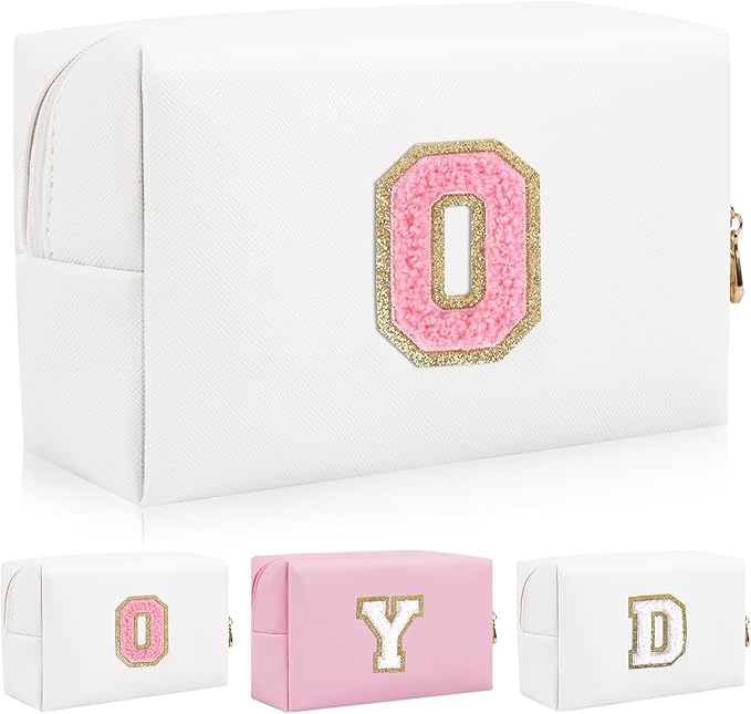 Personalized Initial Letter Patch Makeup Bag, Preppy Portable Chenille Letter Cosmetic Bag with Zipper, PU Leather Waterproof Travel Toiletry Bag Monogram Make Up Pouch for Women Girls(Letter O)