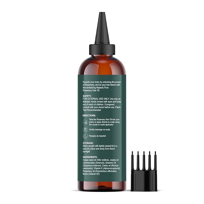 Majestic Pure 100% Pure Rosemary Oil for Hair Growth - Strengthening, Nourishing, Volumizing - Infused with Biotin Oil, Jojoba Oil & Castor Oil - Non GMO Verified - 4 Fl Oz - With Applicator