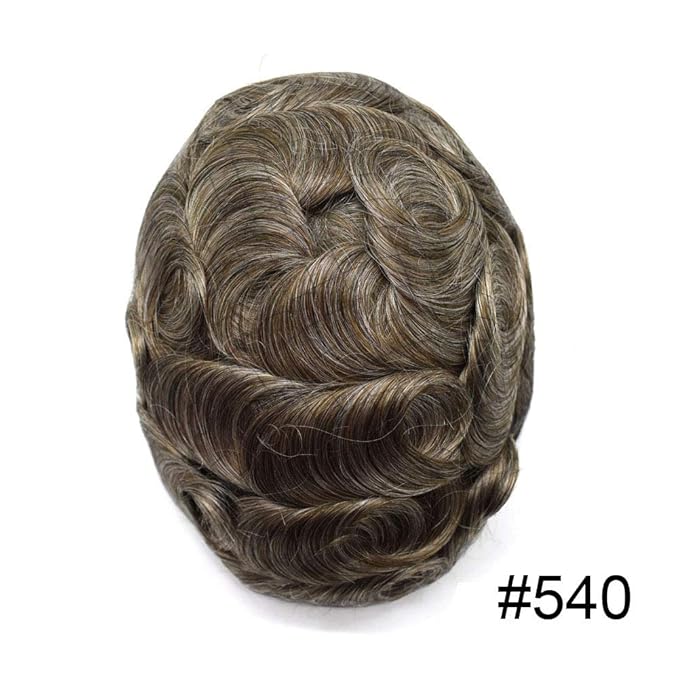 FACE MIRACLE French Lace Mens Toupee Human Hair System Thin Skin Toupee for Men Lace Center Hair Replacement System 8"X10" #540 5# MEDIUM LIGHT BROWN WITH 40% SYNTHETIC GREY