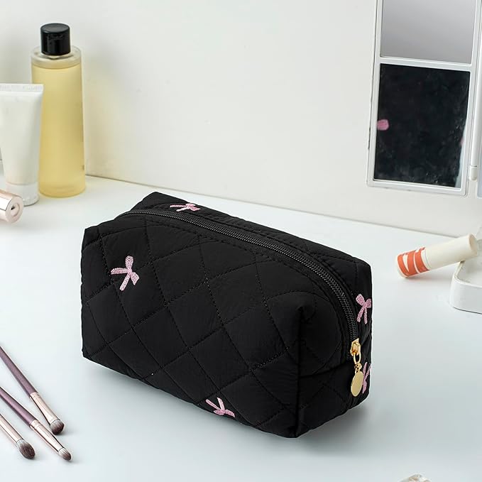JOVAKIT Square Makeup Bag Cute Cosmetic Bag for Women, Floral Coquette Aesthetic Toiletry Bag, Zipper Make Up Pouch, Travel Make Up Organizer Bag (Black)