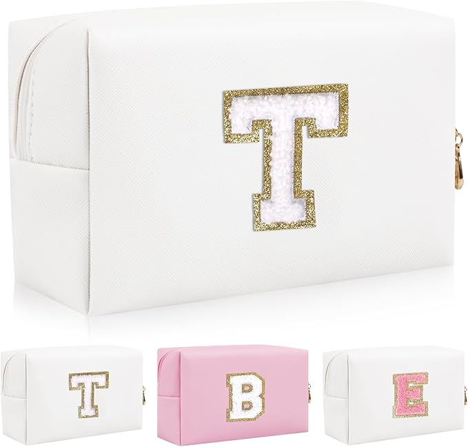 Personalized Initial Letter Patch Makeup Bag, Preppy Portable Chenille Letter Cosmetic Bag with Zipper, PU Leather Waterproof Travel Toiletry Bag Monogram Make Up Pouch for Women Girls