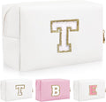Personalized Initial Letter Patch Makeup Bag, Preppy Portable Chenille Letter Cosmetic Bag with Zipper, PU Leather Waterproof Travel Toiletry Bag Monogram Make Up Pouch for Women Girls