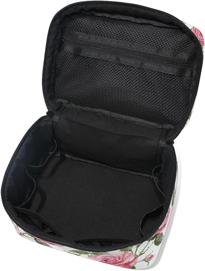 Makeup Train Case Leaves Flower Rose Pattern Carrying Portable Zip Travel Cosmetic Brush Bag Organizer Large for Women