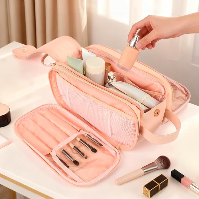 Large Pink Makeup Bag for Women, Waterproof Travel Makeup Bag & Toiletry Organizer with Cosmetic Case, Spacious Make Up Travel Bag for Women's Toiletry Essentials