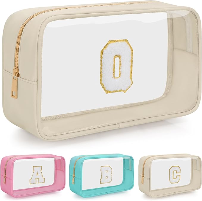 Personalized Initial Clear Makeup Bag, Travel Chenille Patch Cosmetic Bag, Preppy Toiletry Bag Monogram Cosmetic Pouch with Zipper, Ideal Gift for Teen Girls Women (Clear-Beige, Q)