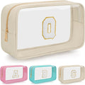 Personalized Initial Clear Makeup Bag, Travel Chenille Patch Cosmetic Bag, Preppy Toiletry Bag Monogram Cosmetic Pouch with Zipper, Ideal Gift for Teen Girls Women (Clear-Beige, Q)