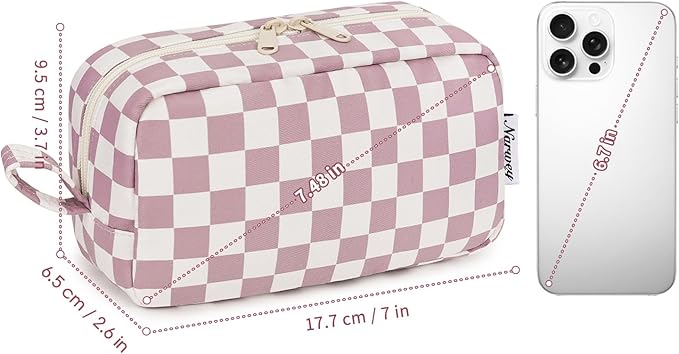 Narwey Cute Checkered Makeup Bag with Organized Pockets for Women - Dusty Rose Checkerboard, Zipper Pouch, Mini Travel Makeup Pouch