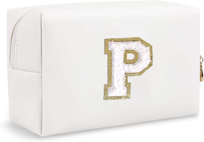 Personalized Initial Preppy Makeup Bag Organizer, White Small Travel Cosmetic Bag Monogram Toiletry Zipper Pouch, Portable Waterproof PU Makeup Case for Women Brides Female Proposal Gift(Letter P)