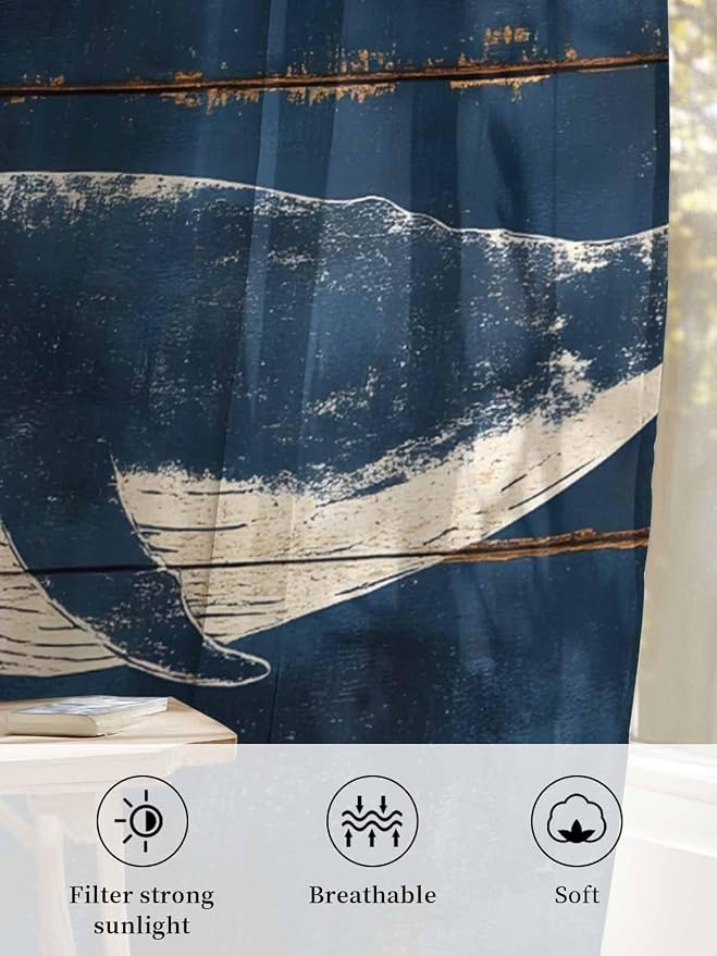 Sheer Curtains 72 Inches Long, Summer Whale Blue Semi Sheer Curtains Light - Image 6