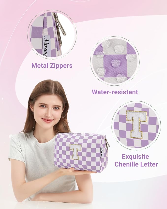 Narwey Birthday Gifts for Women Teen Girls Kids Personalized Initial Makeup Bag Monogram Preppy Cosmetic Bag Trendy Stuff 6 8 10 11 12 13 14 16 18 Years Old Travel Toiletry Bag (Purple Letter T)