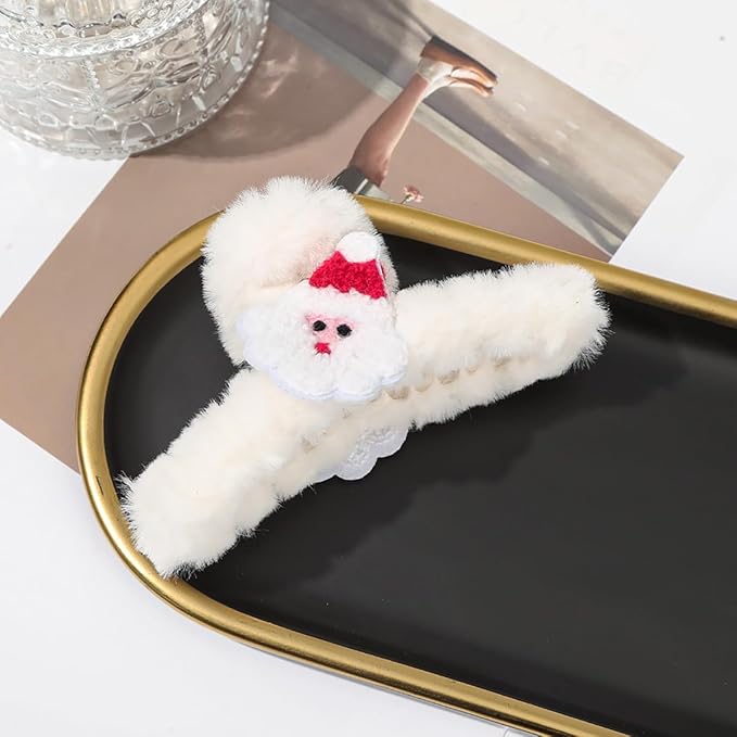 Christmas Hair Clips White Plush Acrylic Hair Claw Clips Cute Santa Claus Design Hairpins Xmas Hair Accessories Nonslip Large Clamp Clips for Medium Thin Hair Decoration 1Pcs