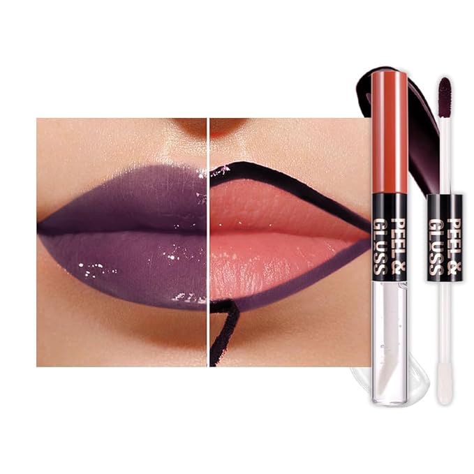 Dark Purple Lip Stain Peel off Lip Oil Dual Ended Combo Set, 2 in 1 Lips Liner Stain Oil Peel off Long Lasting Waterproof, High Pigmented Flawless Lips Tint Stick Not Faded Vegan & Cruelty-free 08#