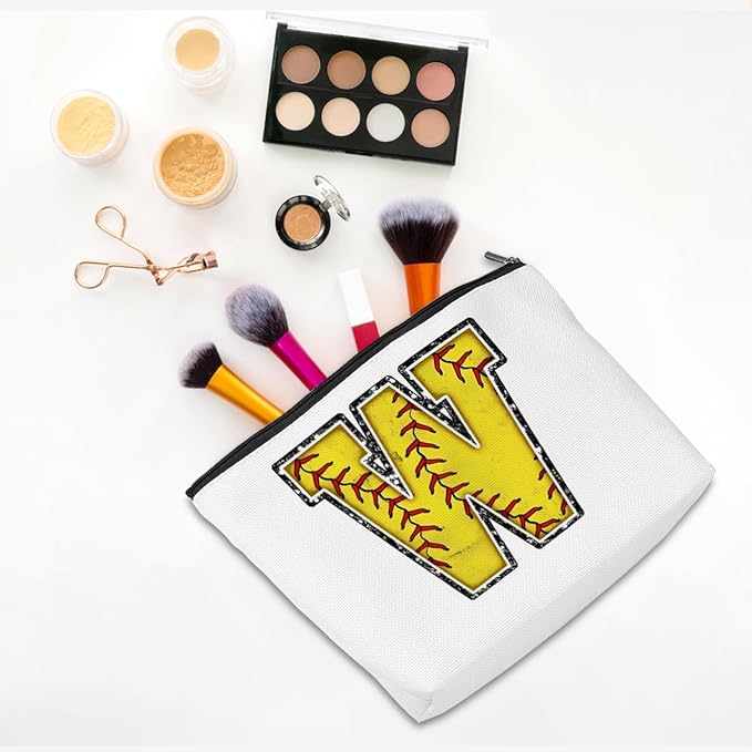 Softball Gifts Initial Monogrammed Cosmetic Bag Yellow Letter W Zipper Pouch Accessories for Girls Women Softball Player Coach Friend Graduation Birthday Gifts