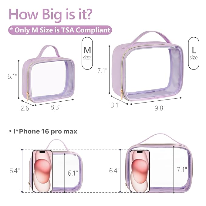 PACKISM Clear Makeup Bag - 2 Pack TSA Approved Toiletry Bag with Handle and 180° Large Opening, Sturdy Clear Toiletry Bag Fit Carry-on Travel Essential, Travel Bags for Toiletries, Purple