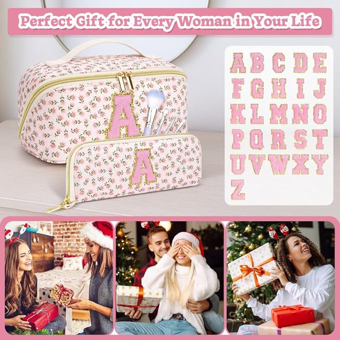 Personalized Travel Makeup Bag Set,Initial Travel Cute Floral Makeup Organizer Bag,Toiletry Skincare Cosmetic Bag,Christmas Gifts for Women/Girls,Open Flat Toiletry Pouch with Brush Pocket-C