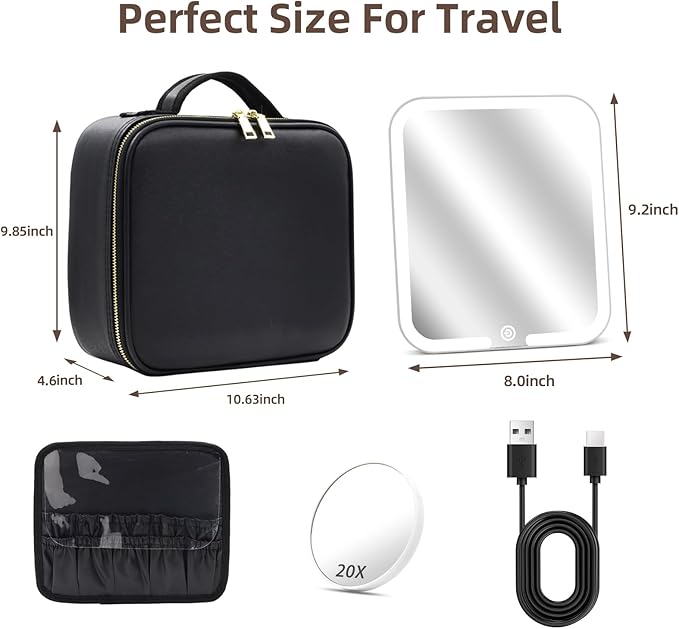 Makeup Bag with Magnetic Detachable Lighted Mirror 360° Swivel Angle, Travel Makeup Bag with Lights Portable Makeup Case Organizer with Mirror, Partition Cosmetic Bag Tools Accessories Train Case Gift