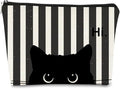Striped Cat Makeup Bag - Small Cute Cosmetic Bag for Women & Teen Girls - Black Cat Purse Gift for Cat Lovers & Owners