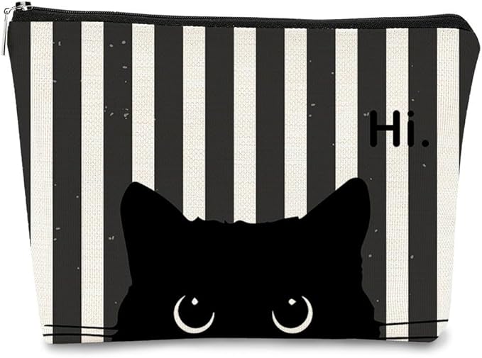 Striped Cat Makeup Bag - Small Cute Cosmetic Bag for Women & Teen Girls - Black Cat Purse Gift for Cat Lovers & Owners