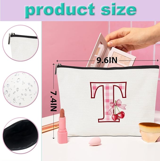 Initial Makeup Bag Monogram Cosmetic Bag Monogrammed Gifts for Women Girls Friends Coworker Auntie Personalized Travel Toiletry Bag Christmas Bridal Shower Wedding Bridesmaid Gifts, Cherry T