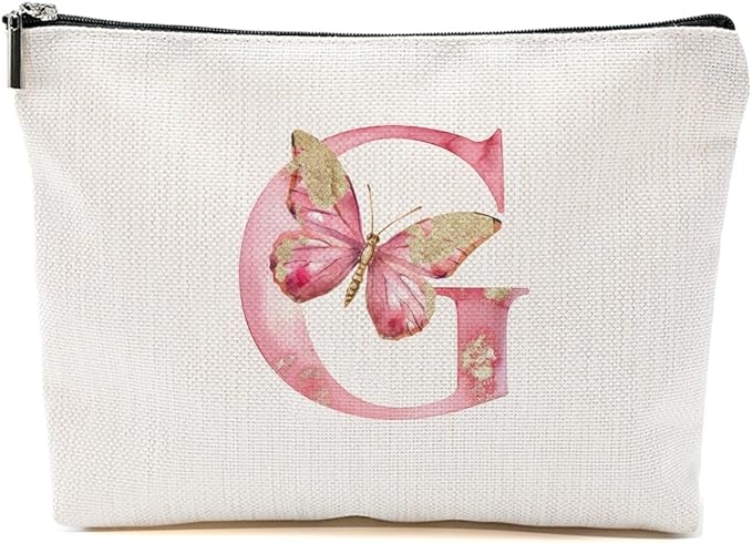 Initial Makeup Bag Pink Butterfly G Personalized Cosmetic Bag Monogrammed Gifts for Women Girls Bride Grandma Monogram Zipper Pouch for Friendship Mothers Day Birthday Wedding Bridal Shower Gifts